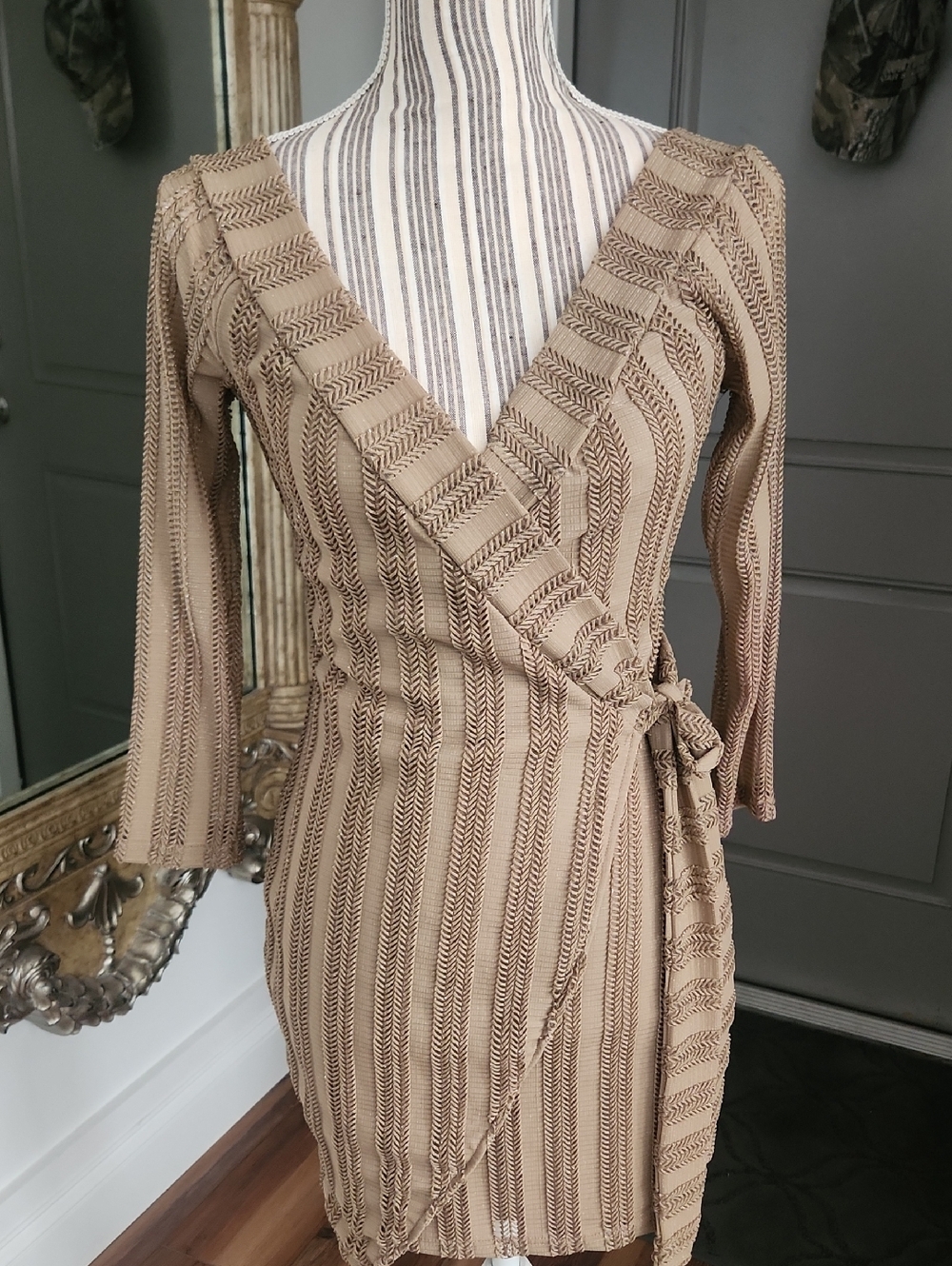 Luxxel Textured Wrap Dress with Tie Waist
